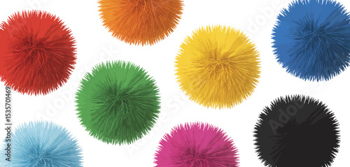 Colorful fluffy pom poms on white background