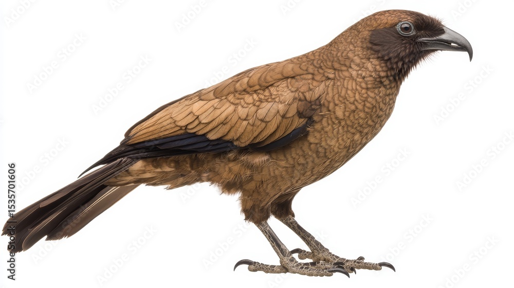Fototapeta premium Isolated on white, a kakapo parrot stands on the ground