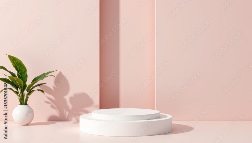 Fototapeta premium Minimalist white geometric display with plant soft pink background interior design serene environment aesthetic view