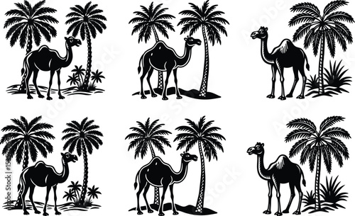 Camels Palm Trees Desert Oasis Black and White Illustrations