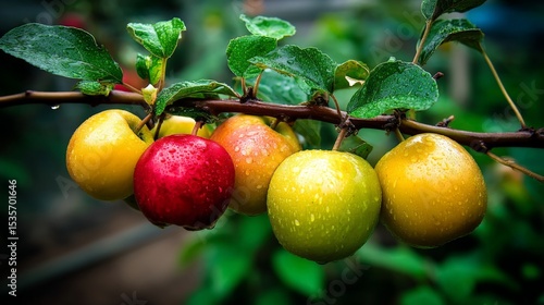 Wallpaper Mural Fresh apples hanging on a branch with green leaves in natural outdoor light Torontodigital.ca