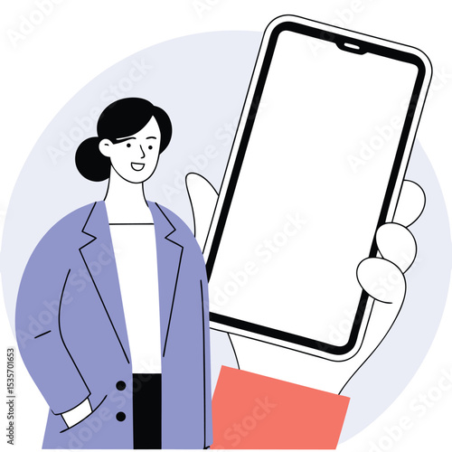 Smiling woman in a blazer holds a large smartphone with a blank screen
