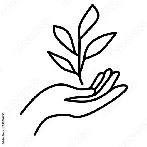 A minimalist black and white line drawing depicts an open hand gently cradling a small sprig with several leaves.
