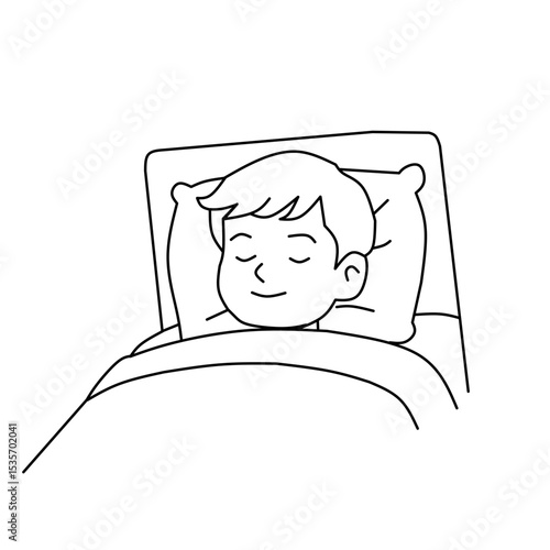 A simple black and white line drawing shows a child sleeping peacefully in a bed, resting their head on a pillow and tucked under a blanket.
