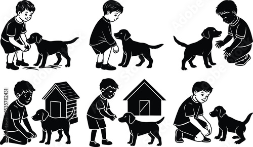 Boys and their Labrador puppies playing near doghouses