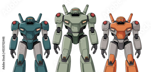 Three armored robots in different colors