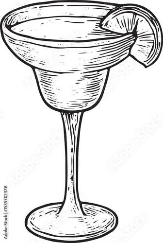 This intricate hand-drawn sketch depicts a refreshing margarita with lime and salt rim, a Mexican classic. Ideal for bar menus, cocktail designs, or cultural artwork, with detailed black-and-white 