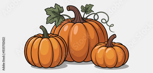 Three cartoon pumpkins with vine and leaves