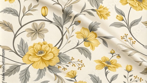 Elegant Yellow and Grey Floral Fabric Design Off-White Background, Repeating Pattern, Botanical Illustration, Curtain Texture Floral Fabric, Botanical Print