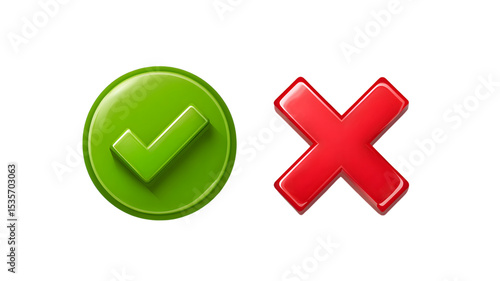 Green check mark and red x symbol illustrating yes and no or approved and rejected concepts on background