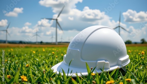 Construction safety gear wind farm helmet outdoor landscape environmental awareness