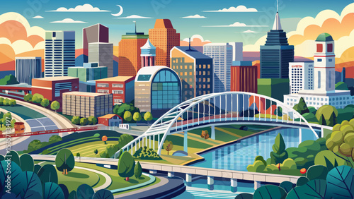 Aerial Panorama of Nashville Skyline with Pedestrian Bridge and Riverfront .Very beautiful