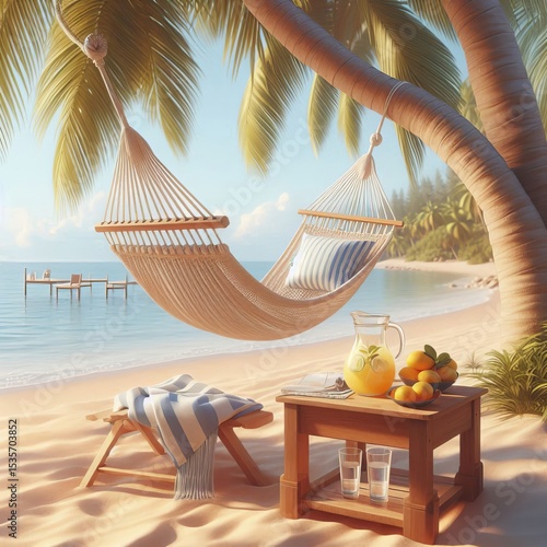 A peaceful empty beach with a hammock strung between two palm tr
