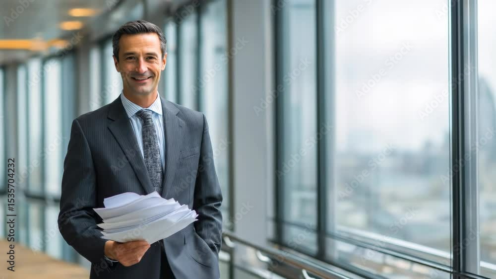 Male businessman in suit holding paper in office. Happy man manager standing by window in corporate building. Successful professional career footage. Male businessman in suit holding paper in office. Happy man manager standing by window in corporate building. Successful professional career footage.