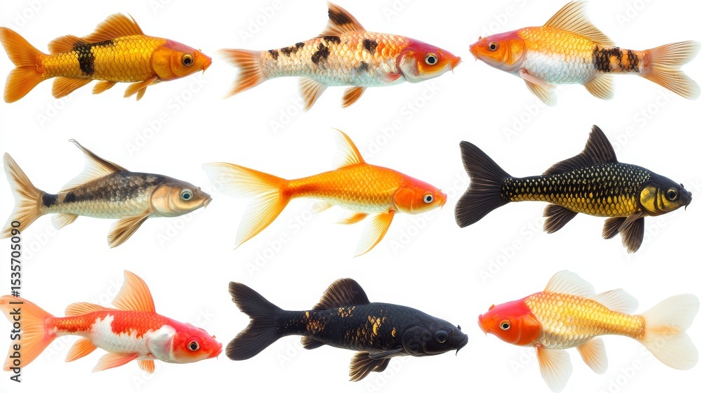 Fototapeta premium A variety of exotic fish in bright colors on a white background becomes ‘Vibrant exotic fish set against a white backdrop