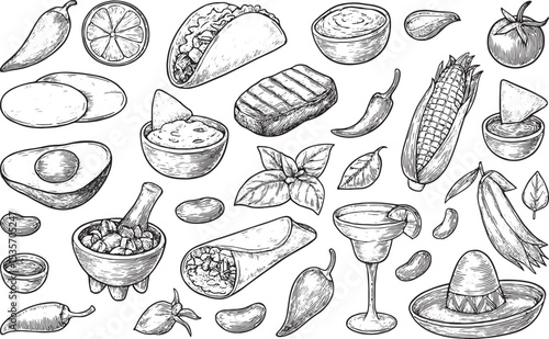 This intricate hand-drawn sketch showcases a vibrant Mexican theme, featuring tacos, burritos, grilled meat, chili peppers, corn, avocado, salsa, margarita, sombrero, and fresh herbs. 