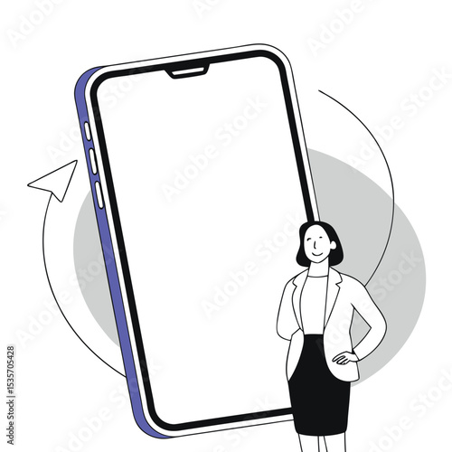 Smiling businesswoman stands beside a large smartphone with blank screen display in monochrome