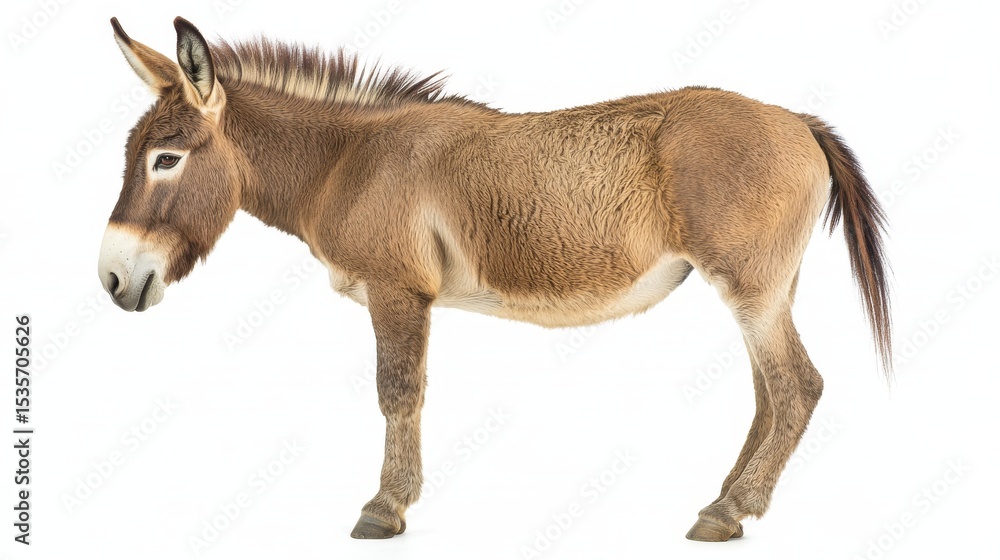 Captured in profile, the adult donkey displays a strong and muscular build, standing out against a simple white background Captured in profile, the adult donkey displays a strong and muscular build, standing out against a simple white background