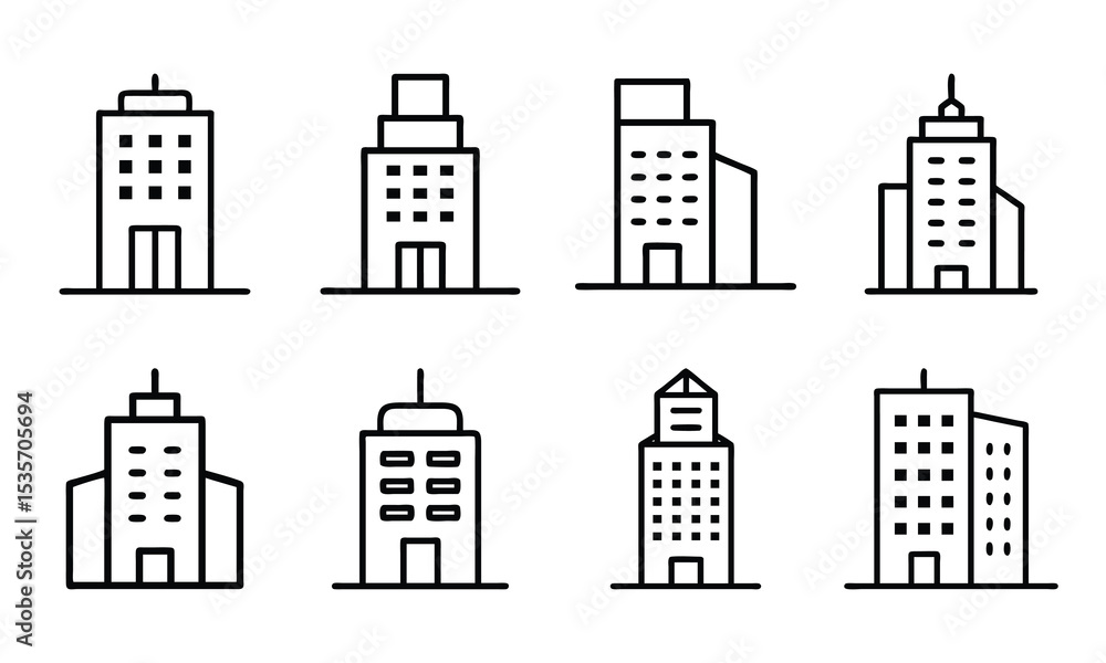 Fototapeta premium Minimalist Office Building Icon in Line Art Style – Black Outline Skyscraper Silhouette with Central Tower and Side Wings – Real Estate, Architecture, and Urban Cityscape Symbol on White Background