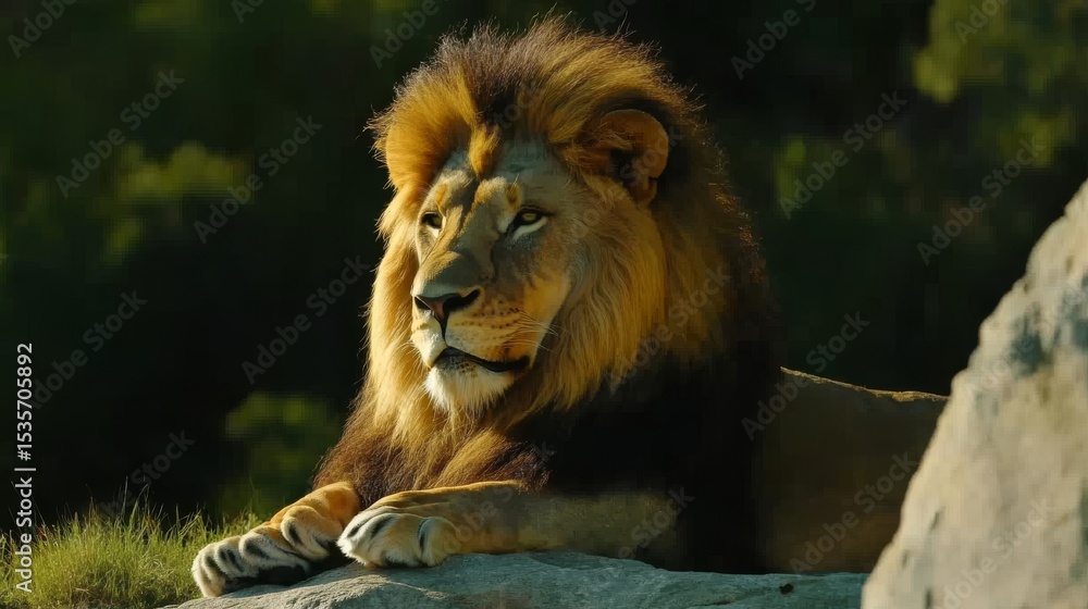 Naklejka premium An elderly lion, its mane having turned gray with time, sits peacefully, embodying a deep sense of wisdom and calm