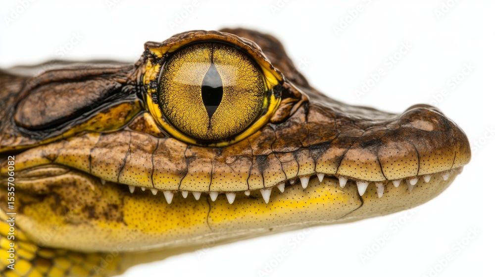 Fototapeta premium View of a crocodileâ€™s eyes in close-up, with white as the background color