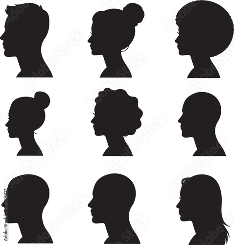 Human Head Profile Silhouettes Vector Set – 8 Black and White Side View Icons