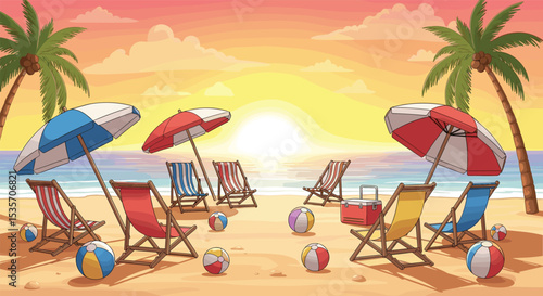 Tropical Paradise Beach Scene with Umbrellas Lounge Chairs and Beach Balls at Sunset