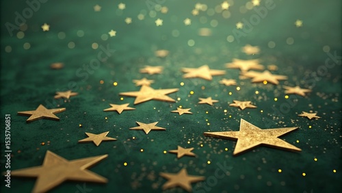Golden Stars on Emerald Green Festive Bokeh Background, Close-up Composition, Glitter, Christmas, Holiday Christmas, Festive