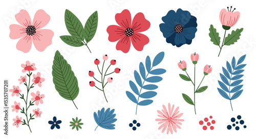 Botanical Garden Variety: Collection of Flowers Leaves and Berries for Creative Designs