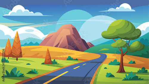 Cartoon Road Leading to Mountain Landscape with Trees and Clouds Illustration