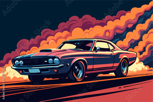Classic Muscle Car Burning Rubber, Vector Art