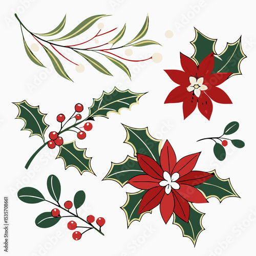 Christmas Floral Elements: Holly, Poinsettia, & Greenery