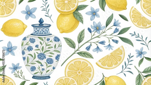 Lemons, Blue Floral Chinois...