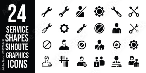 Collection of twenty four service shapes silhouette graphics icons in black and white color