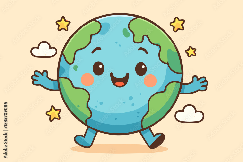 Cute walking Earth planet character. Kawaii cartoon globe mascot for Earth Day. Happy smiling world illustration for kids. Ecology and environment conservation concept vector art. Cute walking Earth planet character. Kawaii cartoon globe mascot for Earth Day. Happy smiling world illustration for kids. Ecology and environment conservation concept vector art.