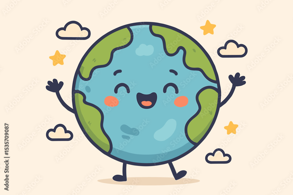 Cute happy Earth planet character smiling. Playful cartoon globe mascot for Earth Day celebration. Vector illustration for kids. Environment and ecology concept with clouds and stars. Cute happy Earth planet character smiling. Playful cartoon globe mascot for Earth Day celebration. Vector illustration for kids. Environment and ecology concept with clouds and stars.