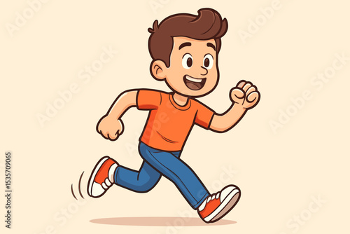 Happy cartoon boy running fast. Cute kid character jogging with a joyful smile. Active child in motion for sport, play, or fitness. Isolated vector illustration for kids.