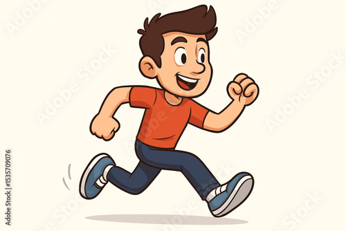 Happy cartoon boy running. Cheerful kid jogging with a smile. Vector character illustration for sports, health, and fitness. Active child in motion, full of energy and fun.