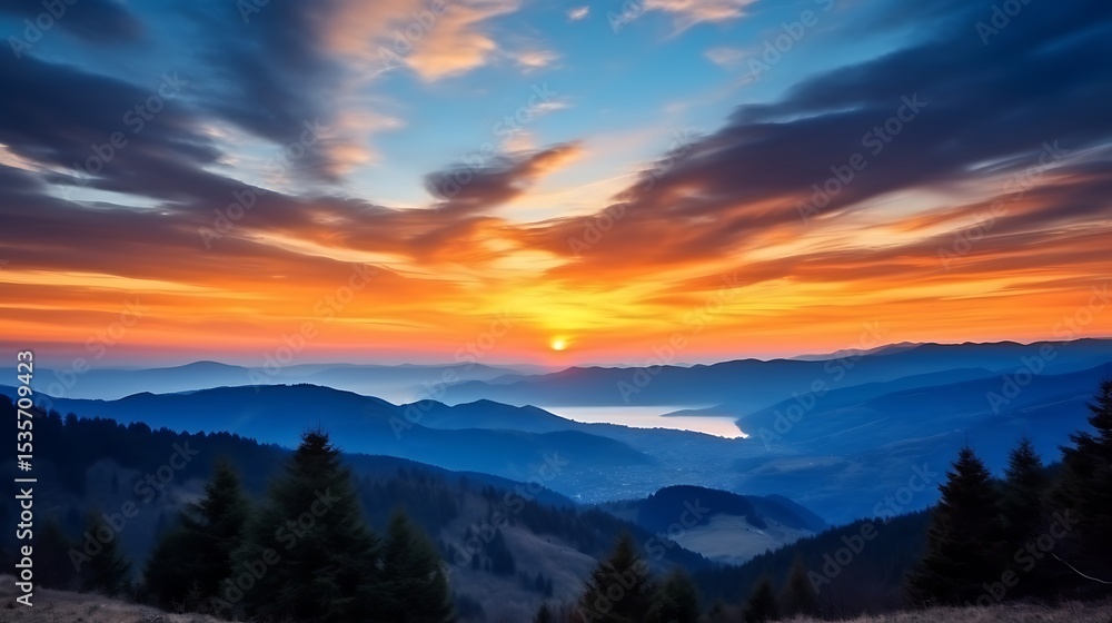 A bright golden sunrise breaking over the Carpathian range, vivid orange and yellow clouds glowing against a fading deep blue sky, mountains in dark silhouette, soft mist on the horizon. A bright golden sunrise breaking over the Carpathian range, vivid orange and yellow clouds glowing against a fading deep blue sky, mountains in dark silhouette, soft mist on the horizon.