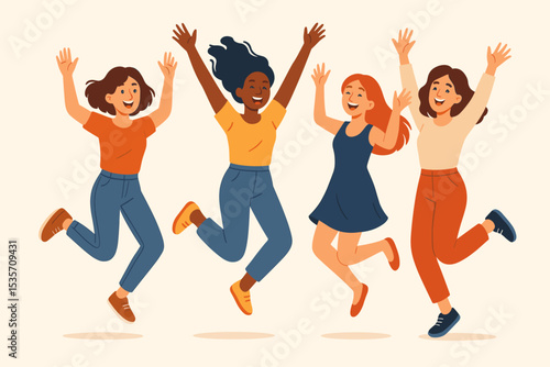 Diverse group of happy young women jumping and celebrating. Concept of female friendship, girl power, success, freedom, and togetherness. Multiethnic friends having fun. Vector.