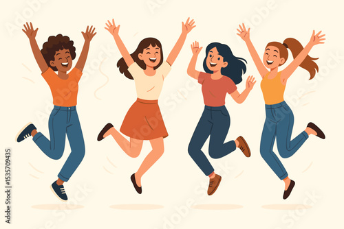 Happy diverse women jumping in celebration. Group of joyful female friends having fun together. Cheerful young girls excited. Vector for success, friendship, freedom, empowerment.