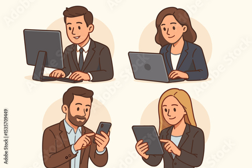 Business people character collection. Office workers using digital devices. Man and woman at desk with computer, laptop, smartphone, tablet. Remote work and online team concept vector.