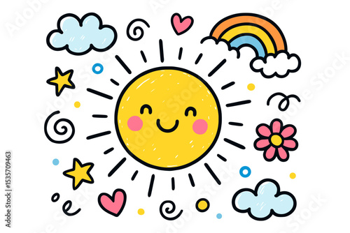 Happy sun character doodle set. Cute kawaii smiling sun with rainbow, clouds, stars, and flower. Hand drawn cartoon weather illustration for kids. Summer positivity and joy concept.