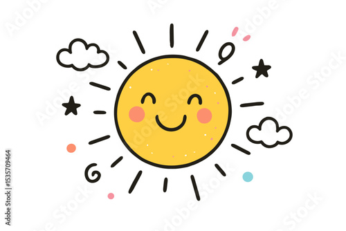 Cute smiling sun doodle illustration. Kawaii cartoon character for kids. Hand drawn happy sunshine icon with clouds and stars. Summer weather concept vector for nursery decor.