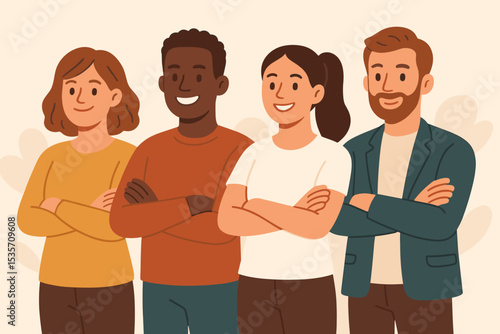 Diverse group of people standing together. Multicultural business team concept. Unity, teamwork, and collaboration. Happy professionals with arms crossed. Flat vector illustration.