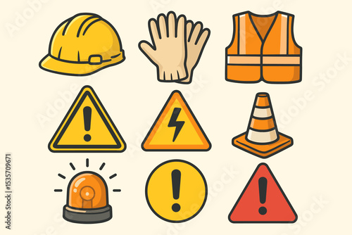 Safety equipment icon set for construction sites. Workplace safety vector collection. Personal protective equipment, warning signs, hazard alerts, traffic cone, hard hat, vest.