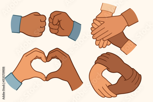 Set of multiracial hands showing unity, support and teamwork. Diverse hands making heart shape, fist bump and holding together. Concept of community, partnership and equality.