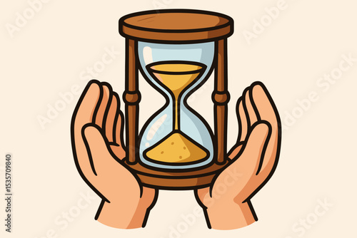 Hands holding an hourglass vector illustration. Concept of time management, deadline, urgency, and countdown. Sandglass symbolizes passing time, history, and the value of life.