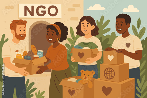 Humanitarian aid volunteers at NGO giving donation boxes with food, clothes and toys. Diverse people community helping for charity. Social support, care, generosity concept vector.