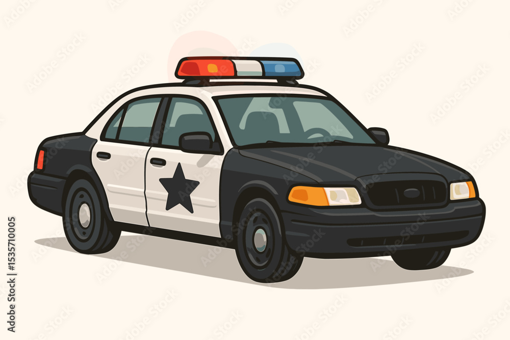Police car vector illustration. American patrol vehicle with siren lights. Law enforcement cruiser for justice and security. Emergency transport symbol. Cartoon cop car isolated. Police car vector illustration. American patrol vehicle with siren lights. Law enforcement cruiser for justice and security. Emergency transport symbol. Cartoon cop car isolated.